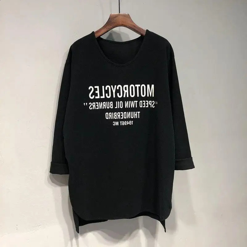 Womens Spring and Autumn Fashion Casual Solid Color Floral Letter Medium length Round Neck Loose Split Long Sleeve T-shirt Top 240826