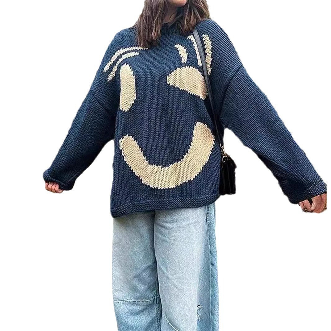 New Smiley Face Contrasting Color Loose Slimming Round Neck Knitted Sweater Womens Top
