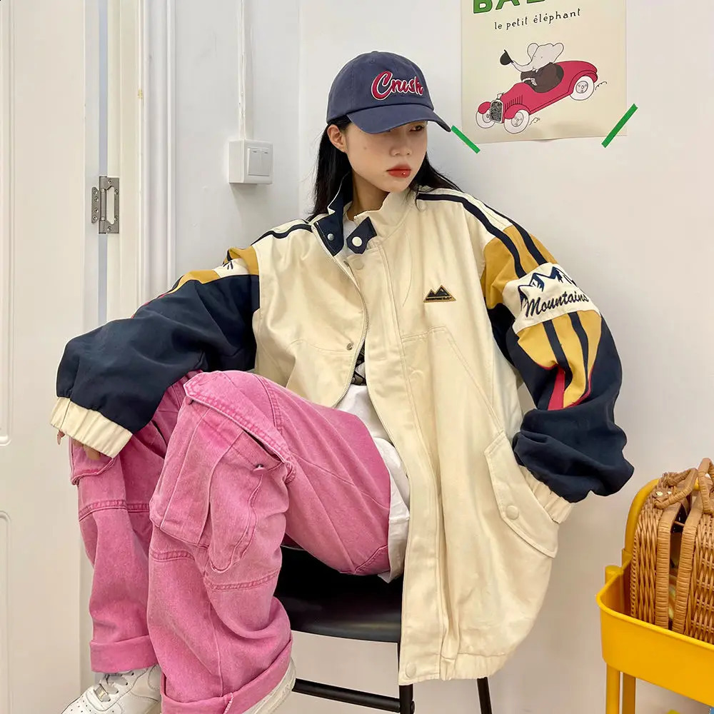 American Stand Collar Coat Men Autumn Harajuku High Street Colorful Punching Jacket Unisex Oversize Patchwork Baseball Uniform 240810