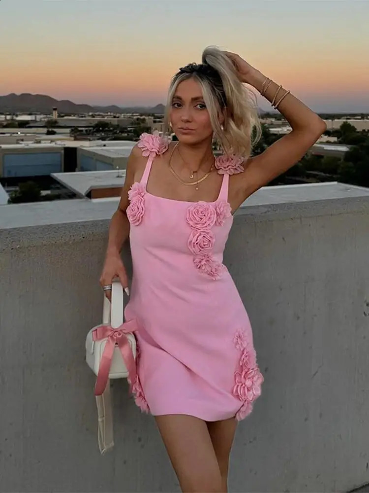 Pink 3d Flower Solid Slim Mini Dress For Women Sexy Squar Collar Strap Sleeveless Vestidos Fashion Ladies Streetwear Robe 240810