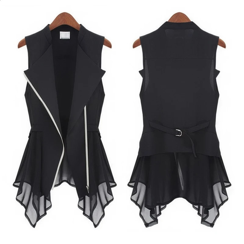#0708 Summer Black Asymmetrical Chiffon Waistcoat For Women Thin Sexy Vest Coat Sleeveless Jacket Female Long Vest With Zipper 240813