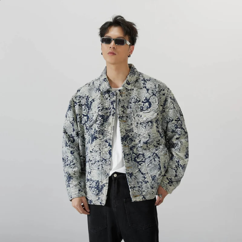 Spring and Autumn denim jacket broken Korean version of the street fashion loose casual retro personality jacquard jacket 240816