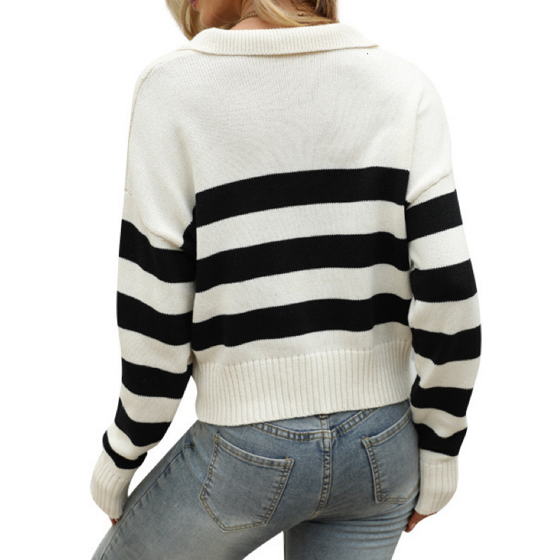 2024 autumn and winter new long sleeved POLO collar knitted top women, loose striped contrasting pullover sweater for women dongdumaoyi