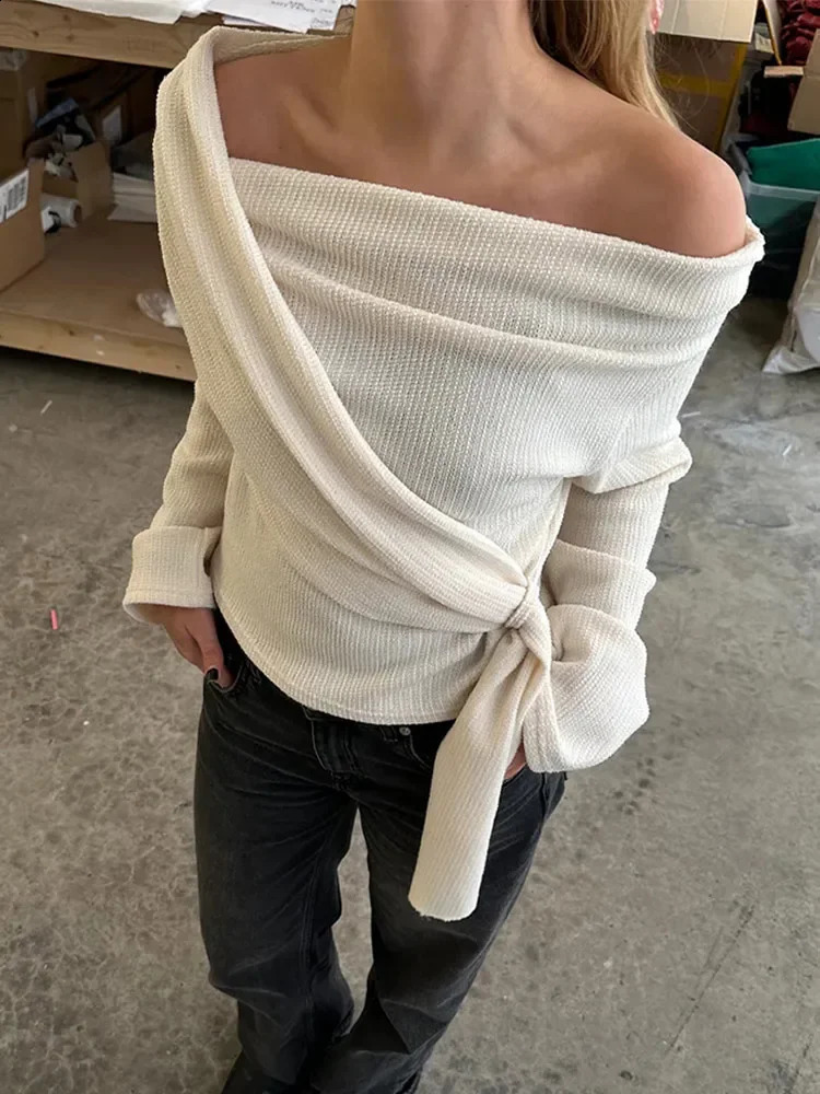 Home>Products>Womens Ultra Thin Cross Sweater>Solid Diagonal Collar Long Sleeve Pulling Flower Autumn Womens Knitted Jumper 240809