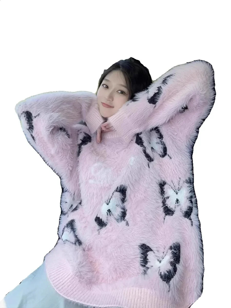 Women Pink Gothic Mohair Pullover Knitted Sweater Harajuku Y2k Long Sleeves Sweater Jumper Vintage 2000s Aesthetic Clothes 240812