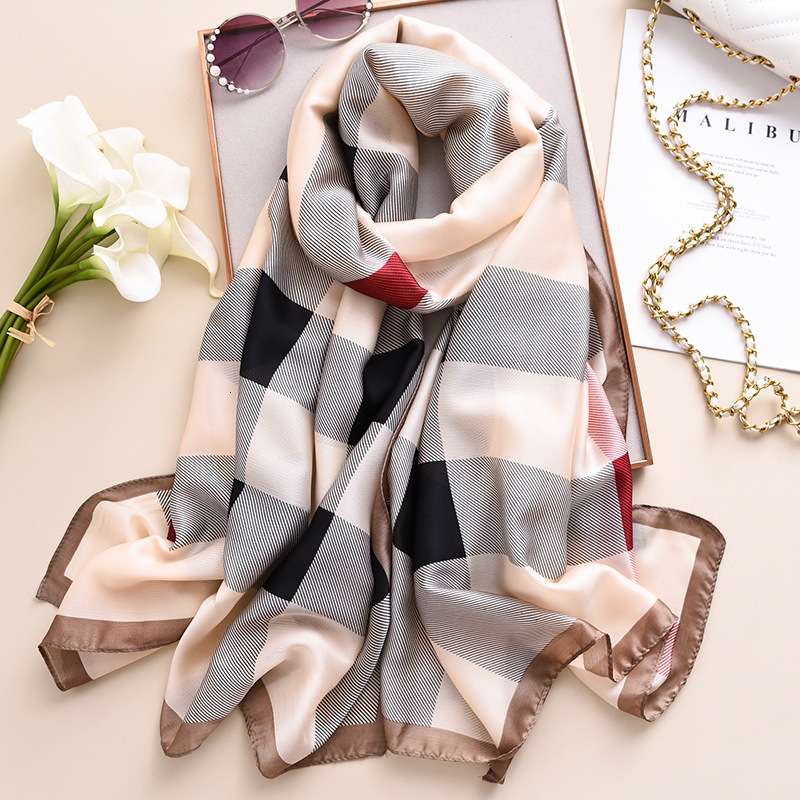 Designer Brand Women Silk Scarf Plaid Long Scarves Beach Pareo Stole Foulard Femme Bandana Hijab Lady Shawls and Wraps