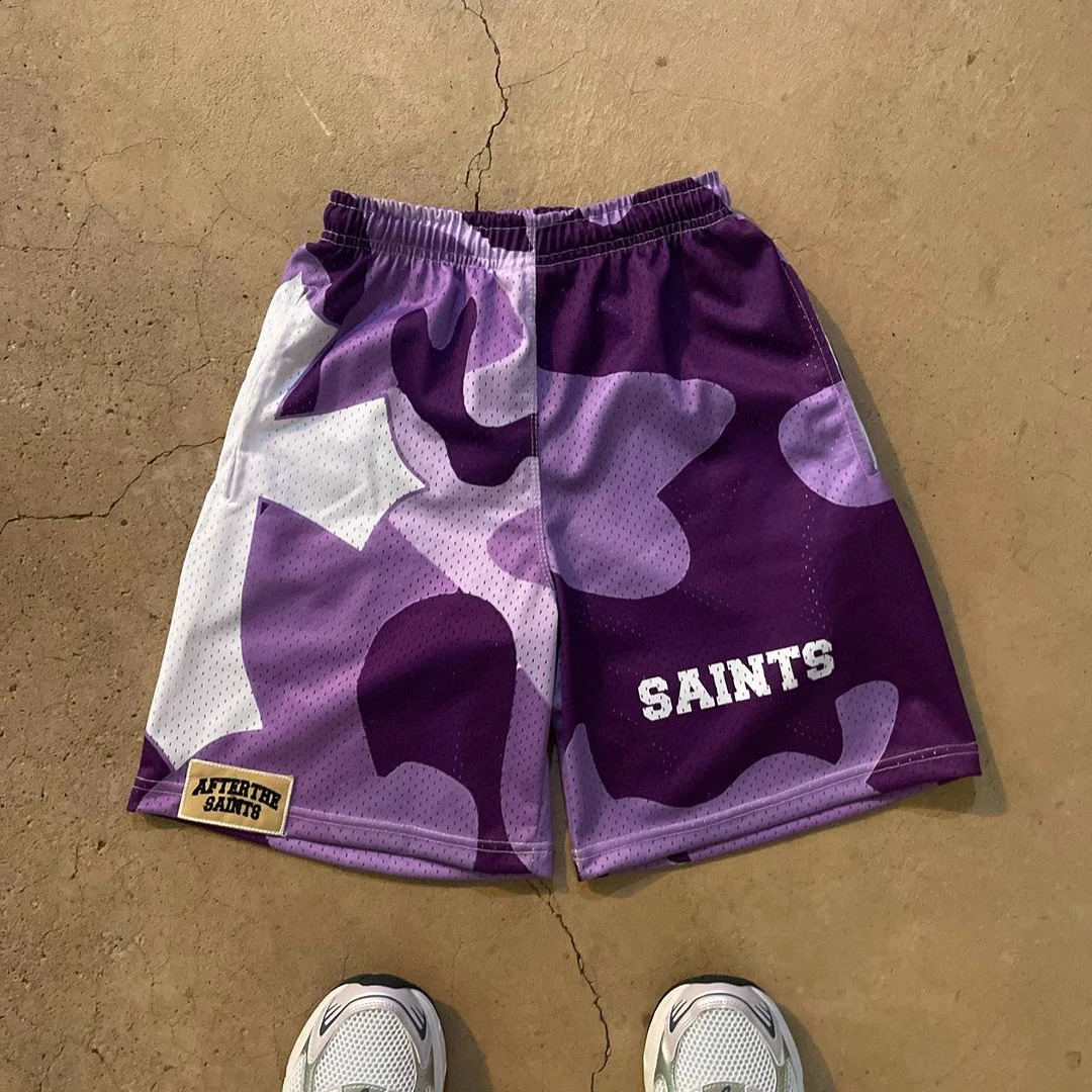 American Trendy Street Sports Quickdrying Purple Mesh Basketball Shorts Mens Summer Casual Hiphop Rap Cross Print Sweatpants 240824