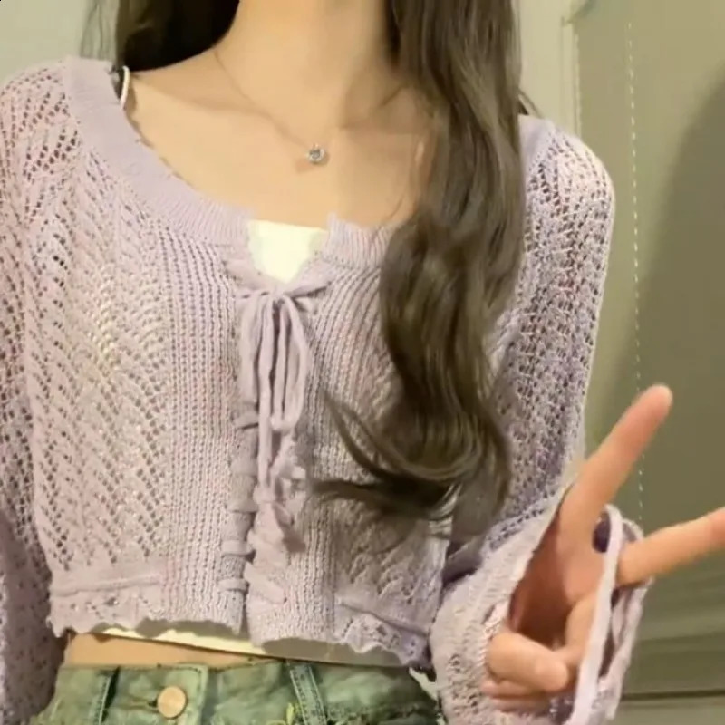 Deeptown Crop Lace Up Women Knit Cardigan Y2K Long Sleeve Hollow Out Kintwear Gyaru Slim Vintage Korean Style Sweater Harajuku 240812
