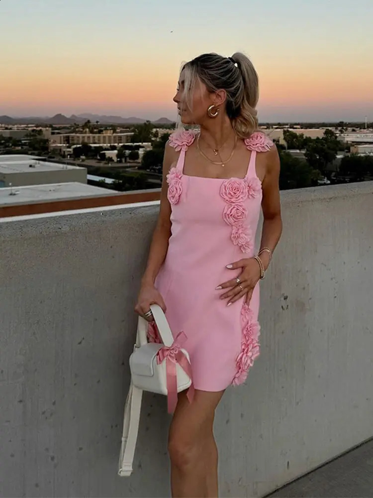 Pink 3d Flower Solid Slim Mini Dress For Women Sexy Squar Collar Strap Sleeveless Vestidos Fashion Ladies Streetwear Robe 240810