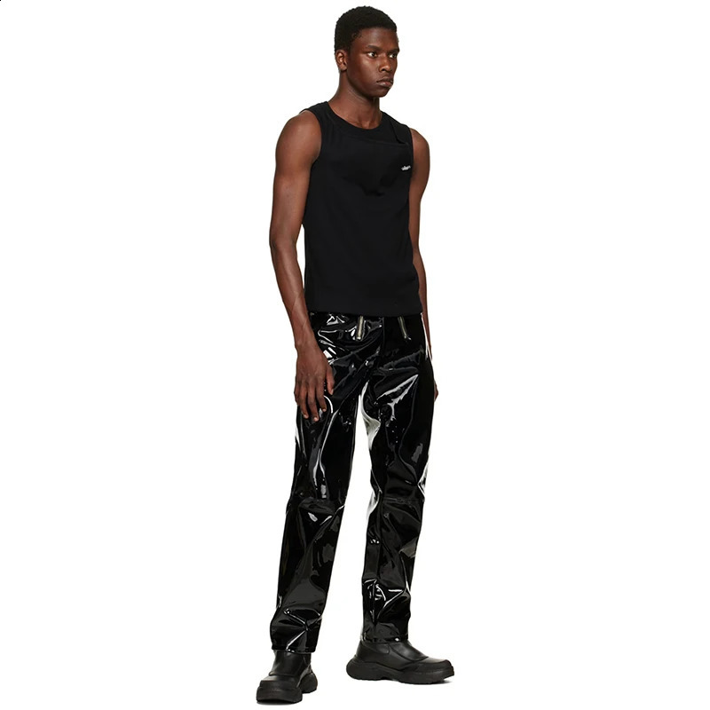 Mens Fashion Shiny Faux Leather Straight Pants Male Splicing Glossy PU Slim Trousers With Pockets Party Street Clubwear Custom y240812