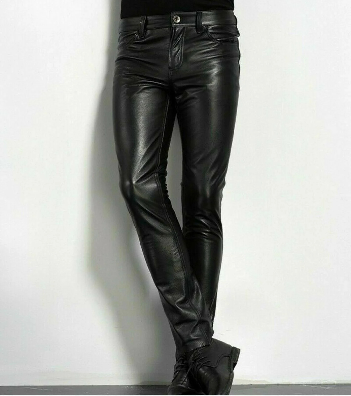 PU leather pants mens fashion rock style nightclub dance artificial ultrathin fit motorcycle Trousers 240809