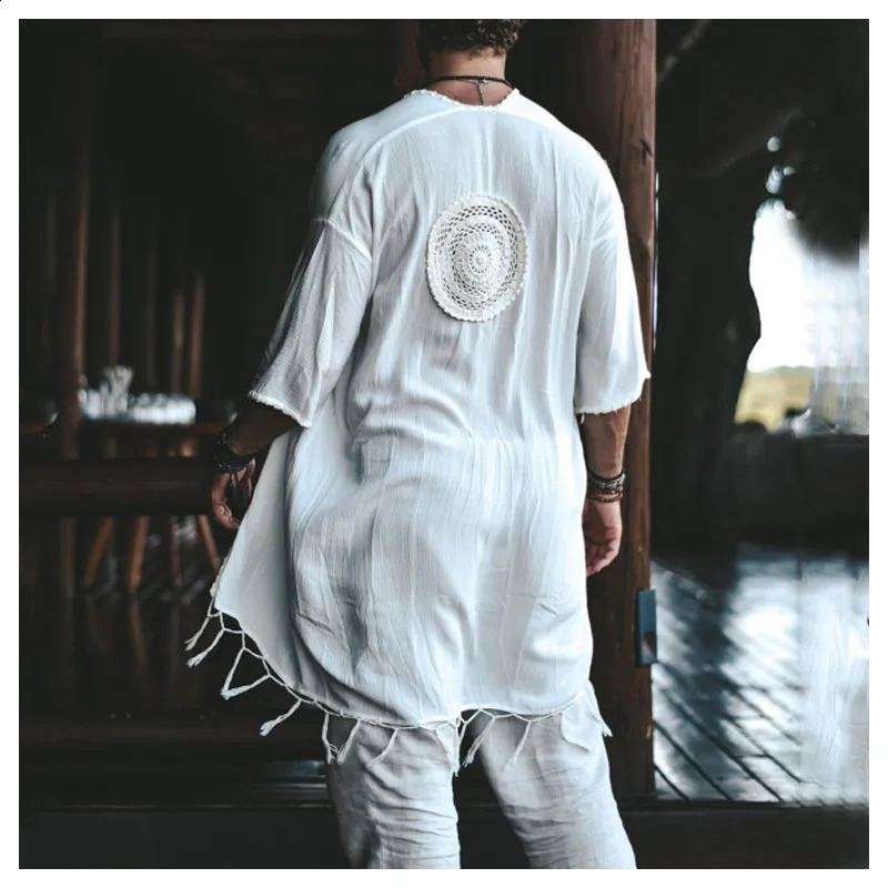 Men Tulum Linen Holiday Cardigan Mens Long White Cardigan Spring / Summer Thin Mens Sun Protection Shirt Fringe Long Cardigan 240806