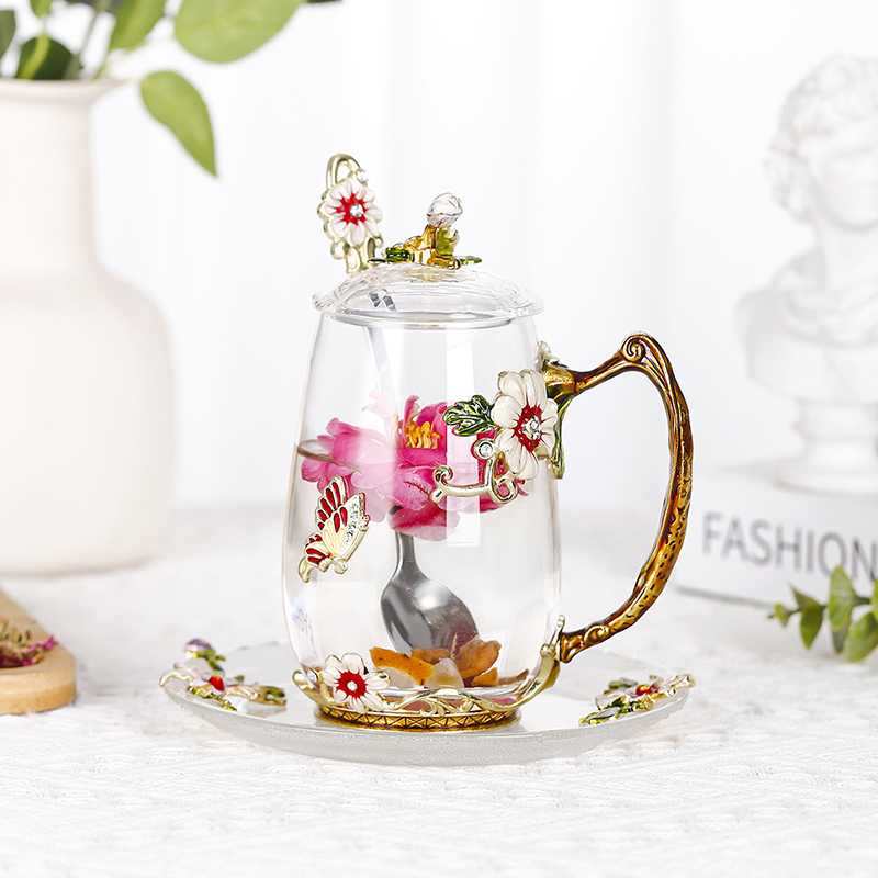 Enamel decorated tea cup household glass round water cup