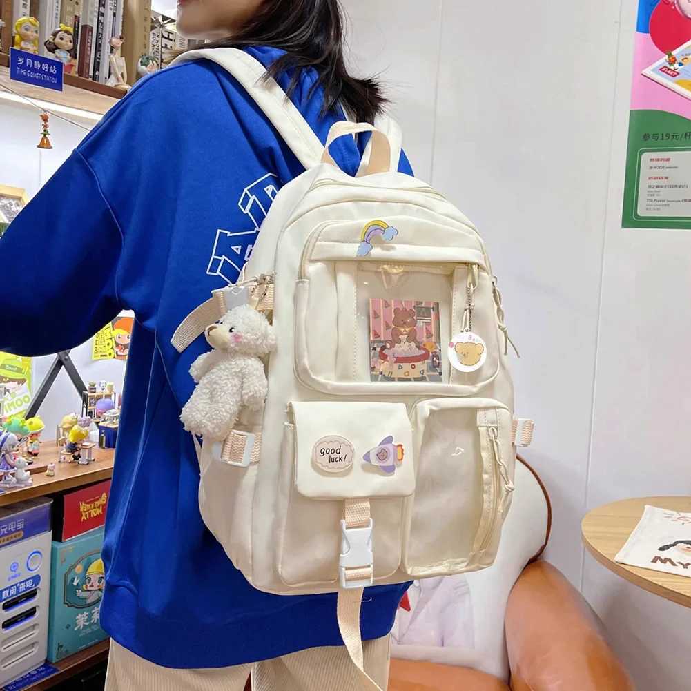 College Student Rucksack Fashion Casual Book Bags Nylon with Plush Pendant Pin Cute Large Capacity Japanese Style for Teen Girls Y240809