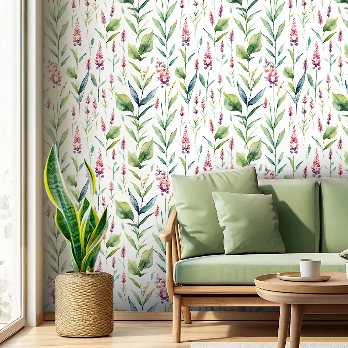 Cross border wallpaper green plants floral patterns vintage personality watercolor lavender style waterproof and moisture-proof home decoration