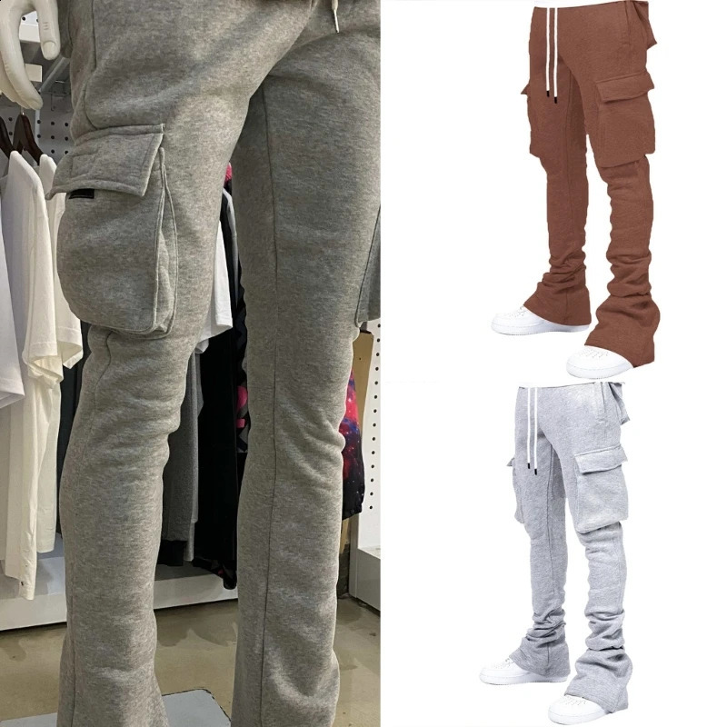 Mens Drawstring Waist Jogger Pants Solid Color Pile Up Stacked Cargo Pants Workout Running Sweatpants with Multi Pockets 240819