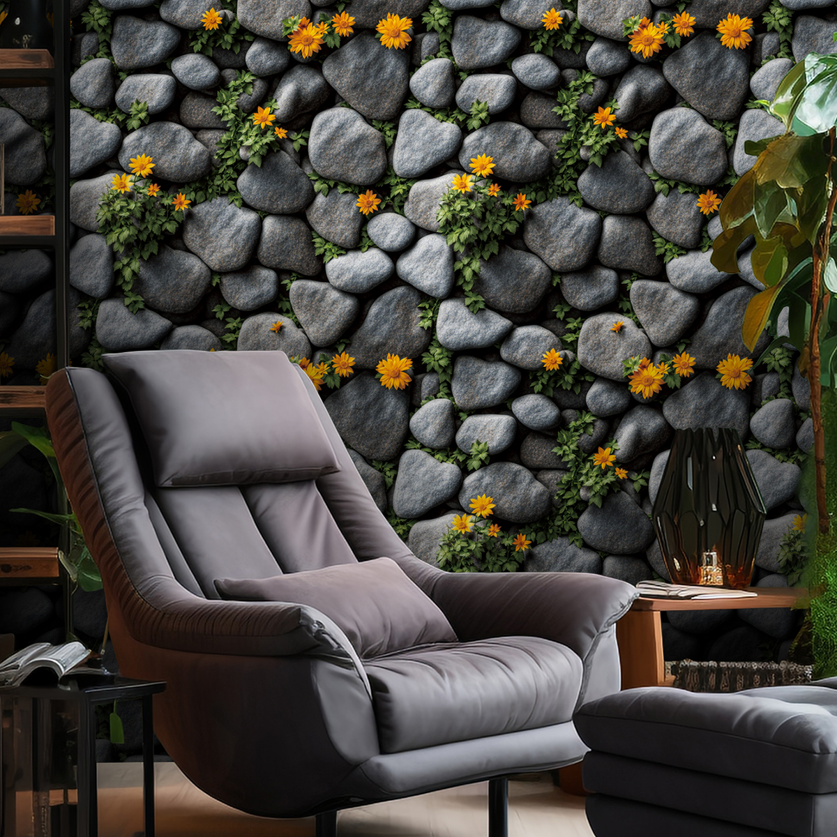 Cross border simulation stone wall green plants flowers retro wallpaper waterproof and moisture-proof home decoration