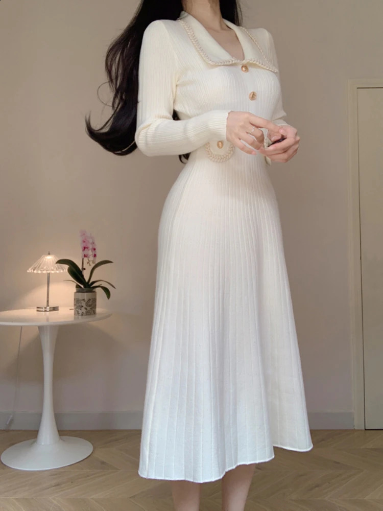 Women French Knitted Dress Autumn Winter Slim A-line Lapel Casual Knitted Dresses Ladies Elegant Long Sleeve Midi Dress 240819