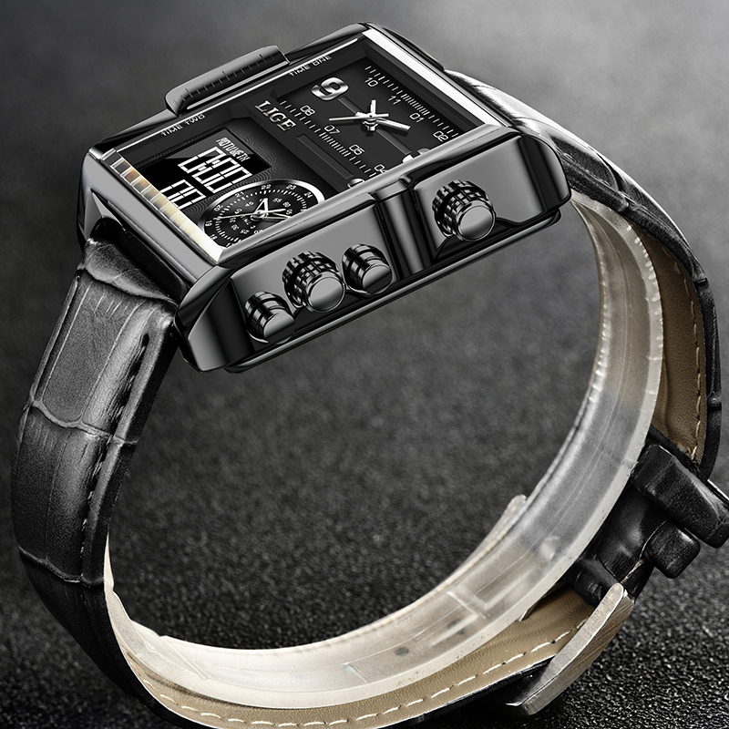 LIGE new dual display electronic watch men's waterproof timing code watch multifunctional leather strap watch
