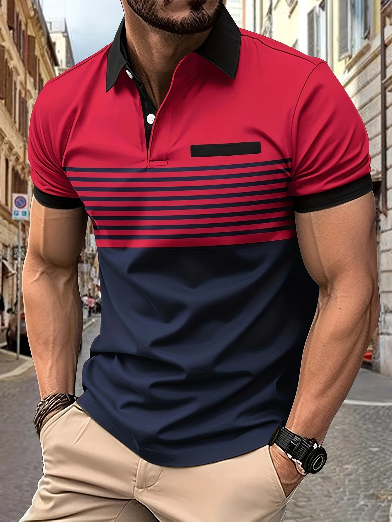 Fashion Mens Polo Tshirt Vintage Summer Men Clothing Stripe Color Blocking Casual Short Sleeve Loose Sweatshirt Street Tops 240816