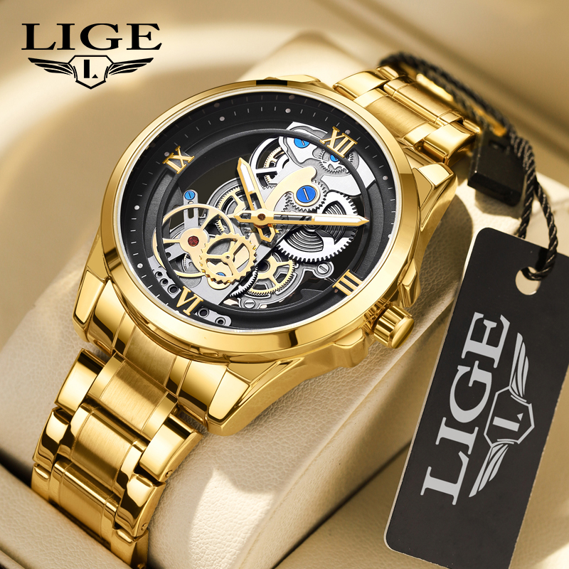 LIGE Men's hollow quartz Watch Personalized hollow dial design Men's classic traditional watch Stainless steel strap men's casual water