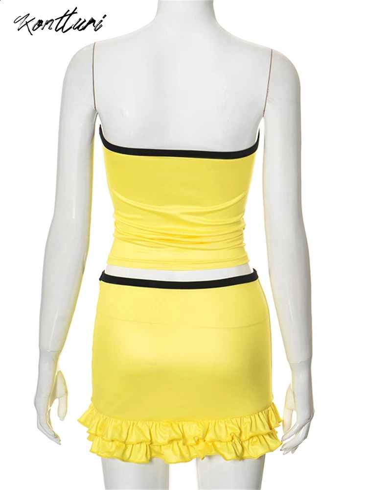 Kontturi Summer Streetwear Y2k Two 2 Piece Sets Women Outfit Slash Neck Crop Tops Yellow Pleated Mini Skirts Matching Sets 240810