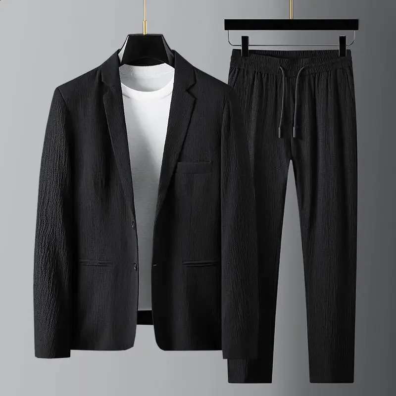 Mens set drawstring pants smart casual mens track suit spring and autumn pleated thin single button promotional 240809