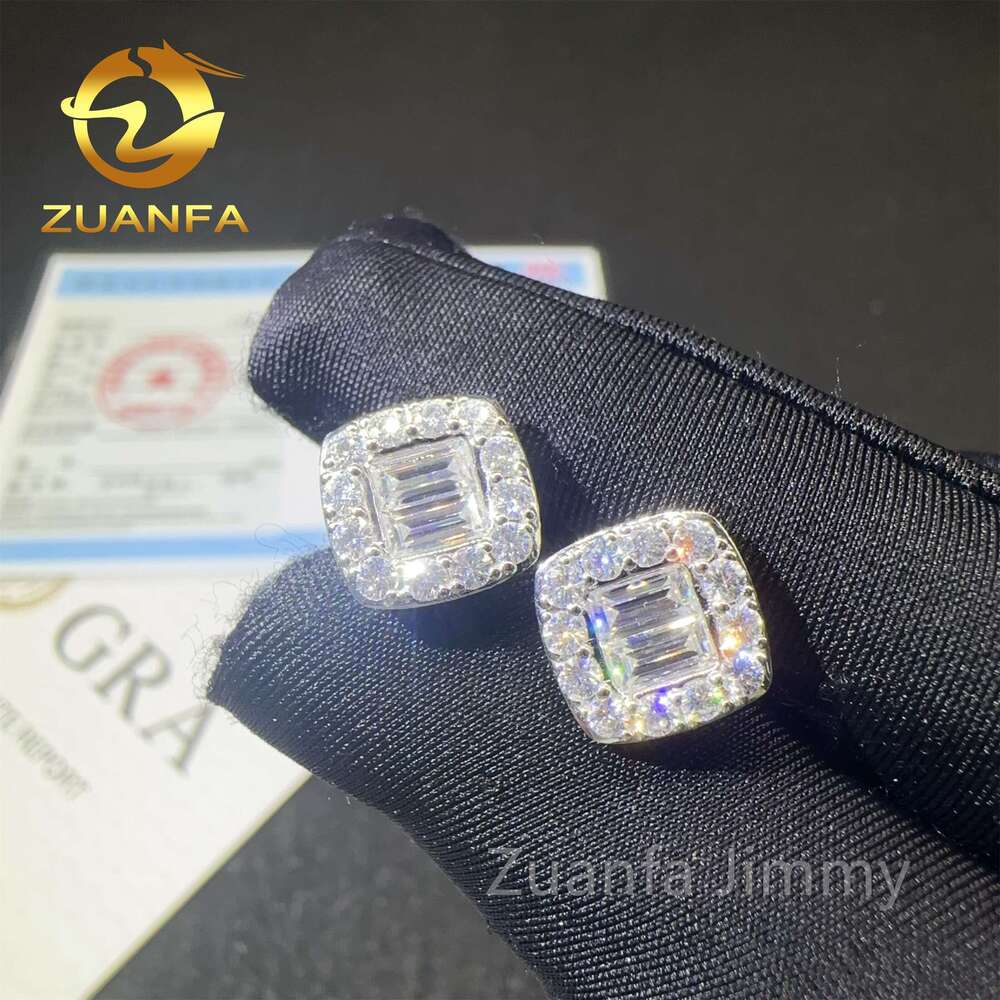 New Designs 14K Solid Real Gold Iced Out Hip Hop Jewelry Baguette Vvs1 Moissanite Diamond Stud Earrings