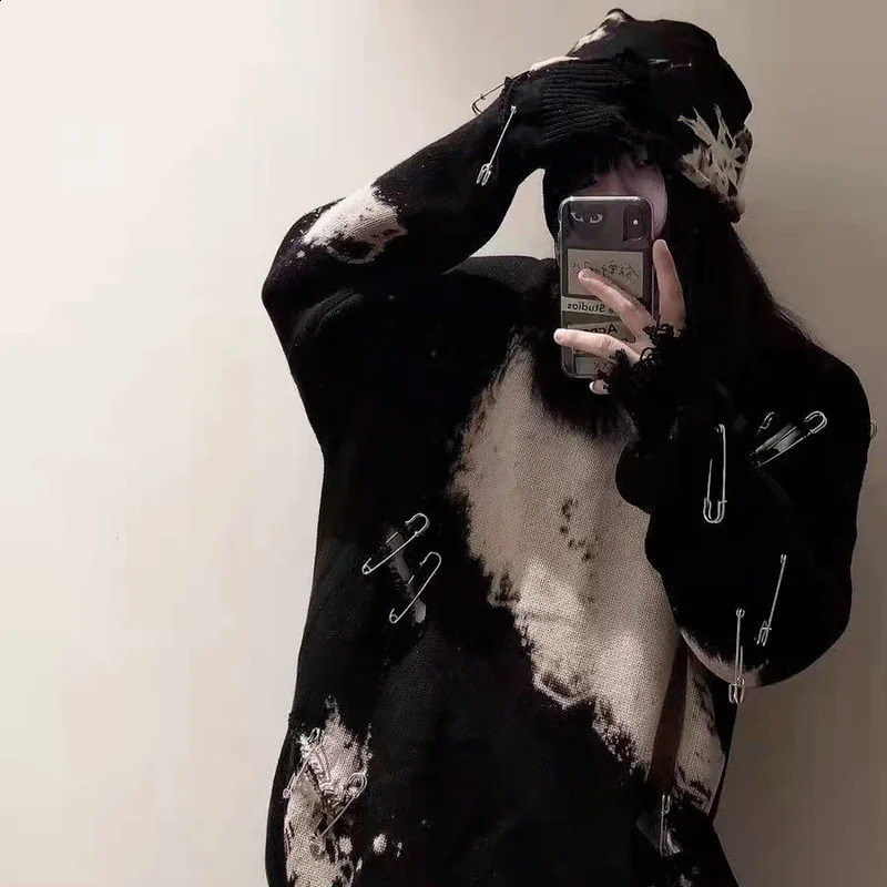 KOSAHIKI Tie Dye Pins Ripped Holes Knitting Sweaters Hip Hop Streetwear Pullover Harajuku Loose Black Tops Vintage Jumpers 240812
