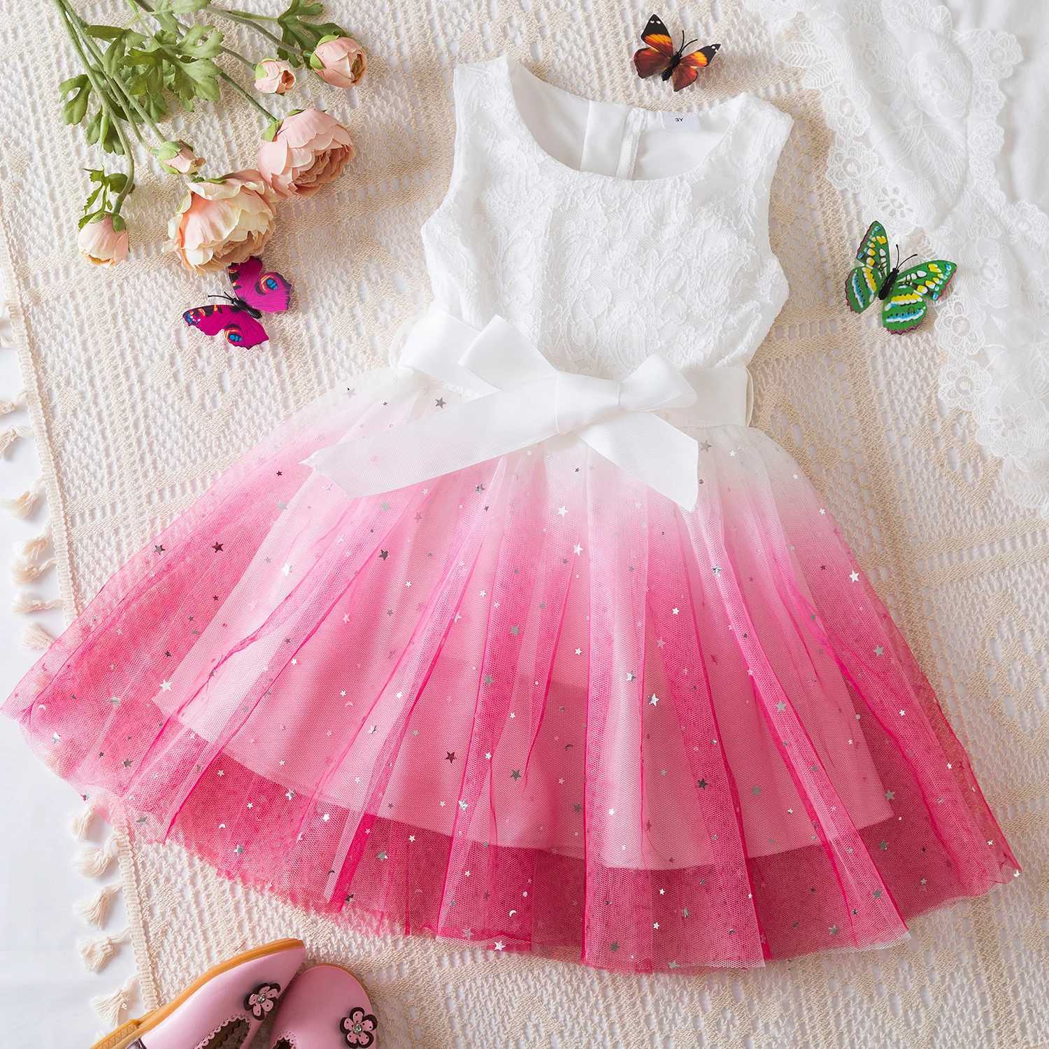 White lace summer dress girls short sleeved childrens birthday princess costume Tutu wedding dress floral girls dress 3-8 years old W250111