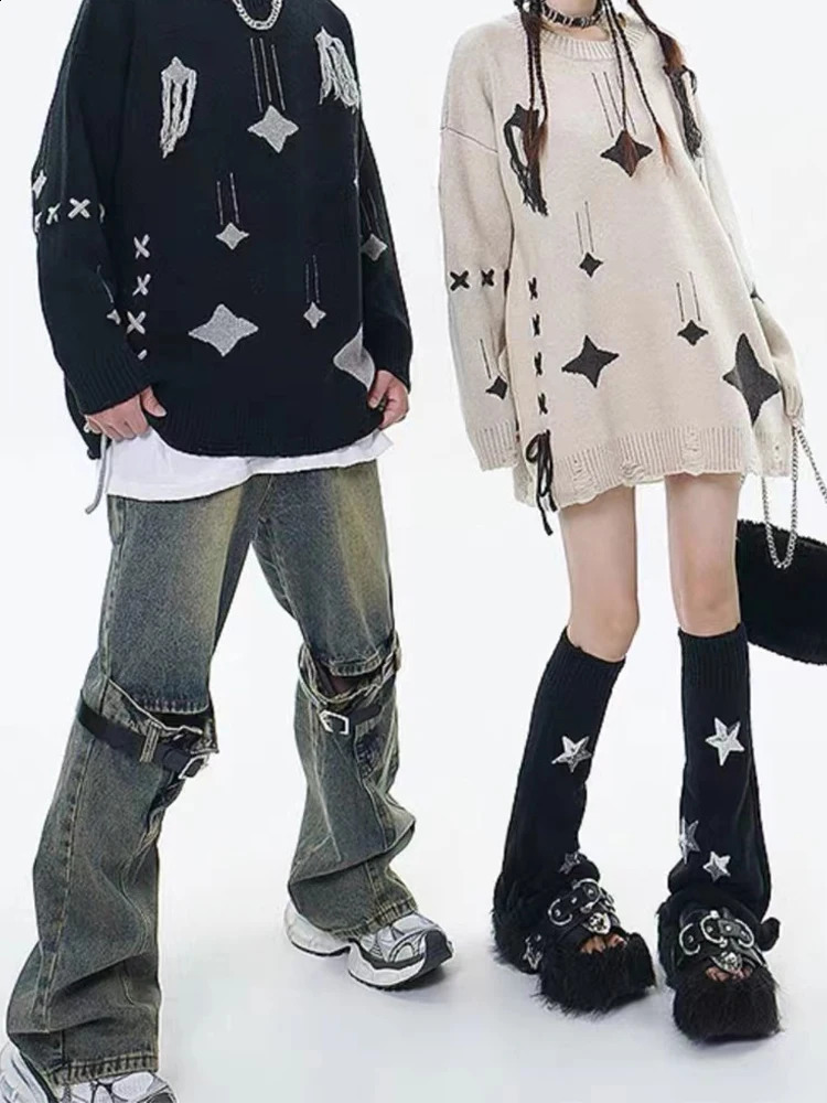 Womens Apricot Pullover Knitted Star Sweater Harajuku Aesthetic Y2k Long Sleeves Sweaters Fashion Vintage 2000s Clothes Autumn 240812