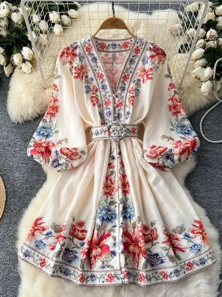 Autumn Floral Short Cotton Linen Dress Women V Neck Long Lantern Sleeve Single Breasted Belt Beach Mini Print Vestidos 240810