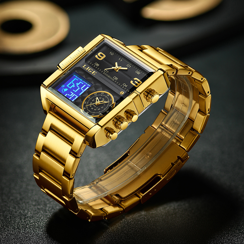 LIGE Men's Stainless Steel Strip Electronic Watch Multi functional Waterproof Alarm Clock Timing Code Sports Watch