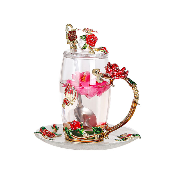 Rose coffee cup Round enamel color water cup high temperature resistant crystal glass light luxury transparent tea cup