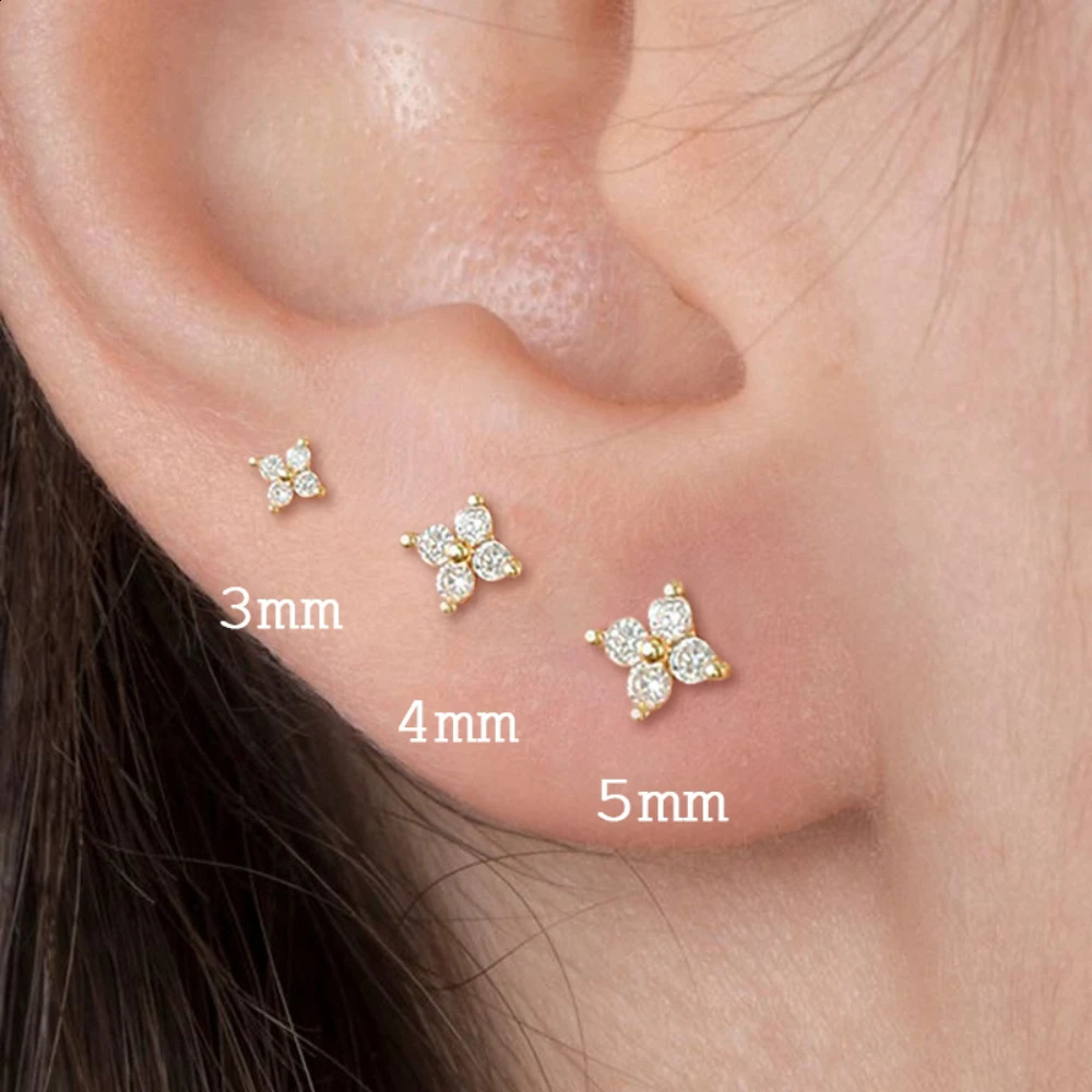Dainty Flower Stainless Steel Stud Earrings for Women Piercing Cartilage Ear Ring Cute Zircon Gold Color Clover Jewelry Gift 240807