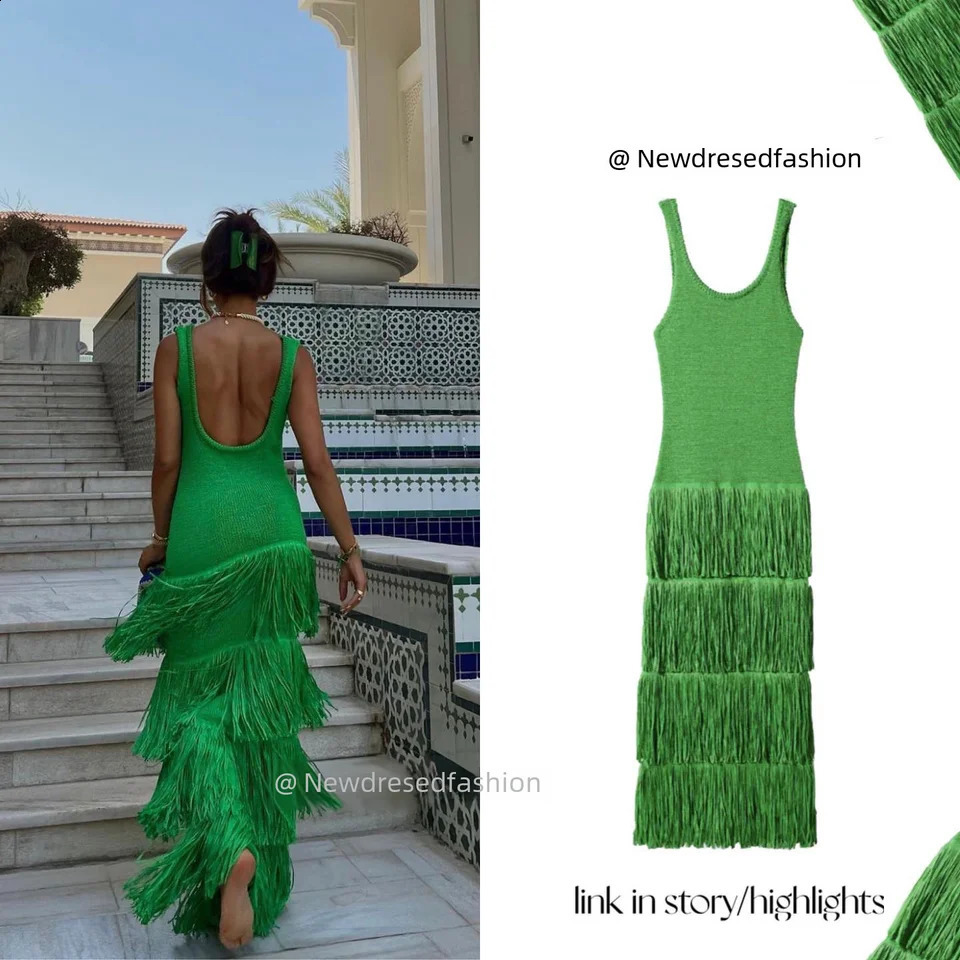 Summer Solid Color Knitted Fringed Tank Dress Sleeveless Womens Dresses Fashionable Elegant Ladies Party Dress 240810