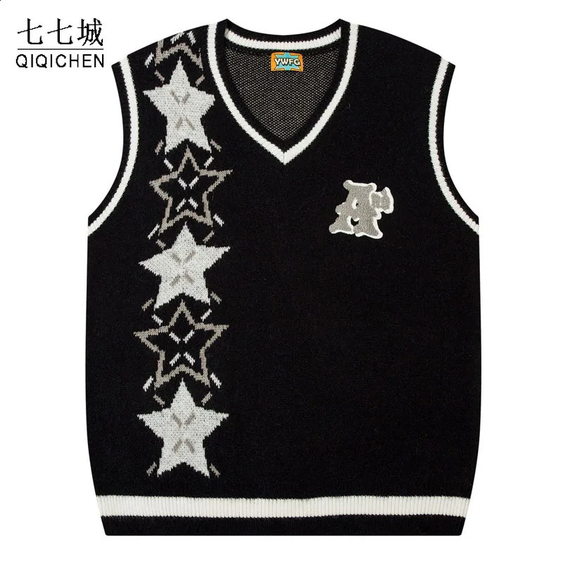 Japanese V-neck Sleeveless Sweater Men Star Print College Style Casual Knitted Vest Women Harajuku Loose Pullover Jumpers Winter 240810