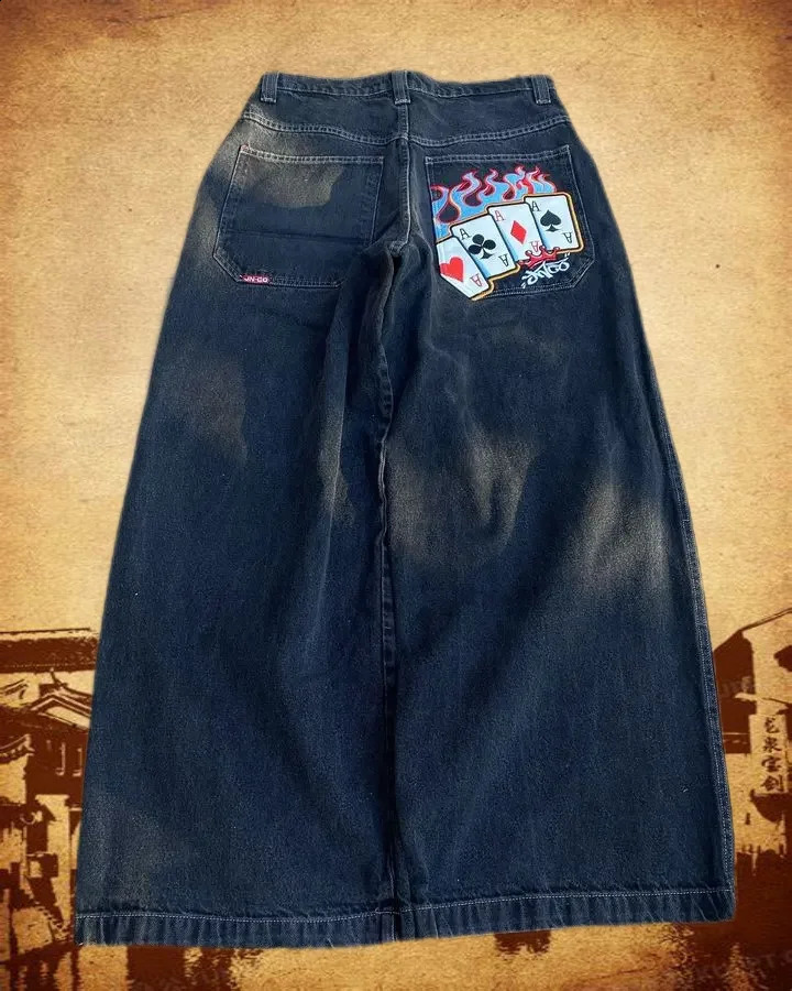 2024 American Jnco poker card pattern jeans for men and women casual loose hip-hop original streetwear Y2k Jnco jeans Traf240809