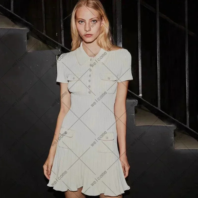 Spring Summer Polo Neck Short Sleeve Knitted Dress Y2K Fashion Elastic Slim Fit Multi Pocket Wrapped Hip Skirt 240810