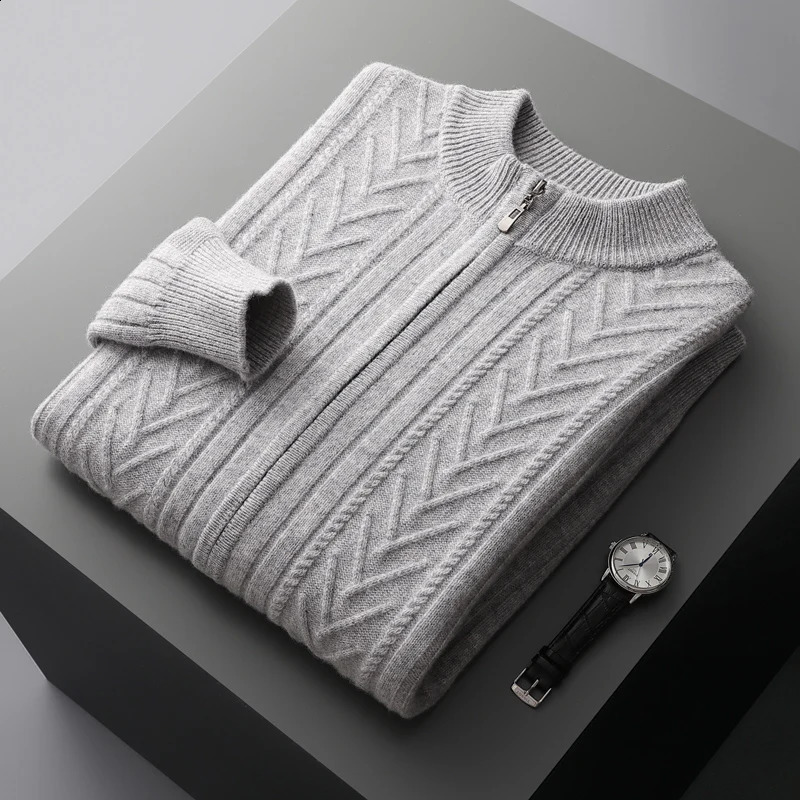 Autumn and winter 100% pure wool mens stand collar thickened cardigan cashmere sweater casual knitted plus size top w240824