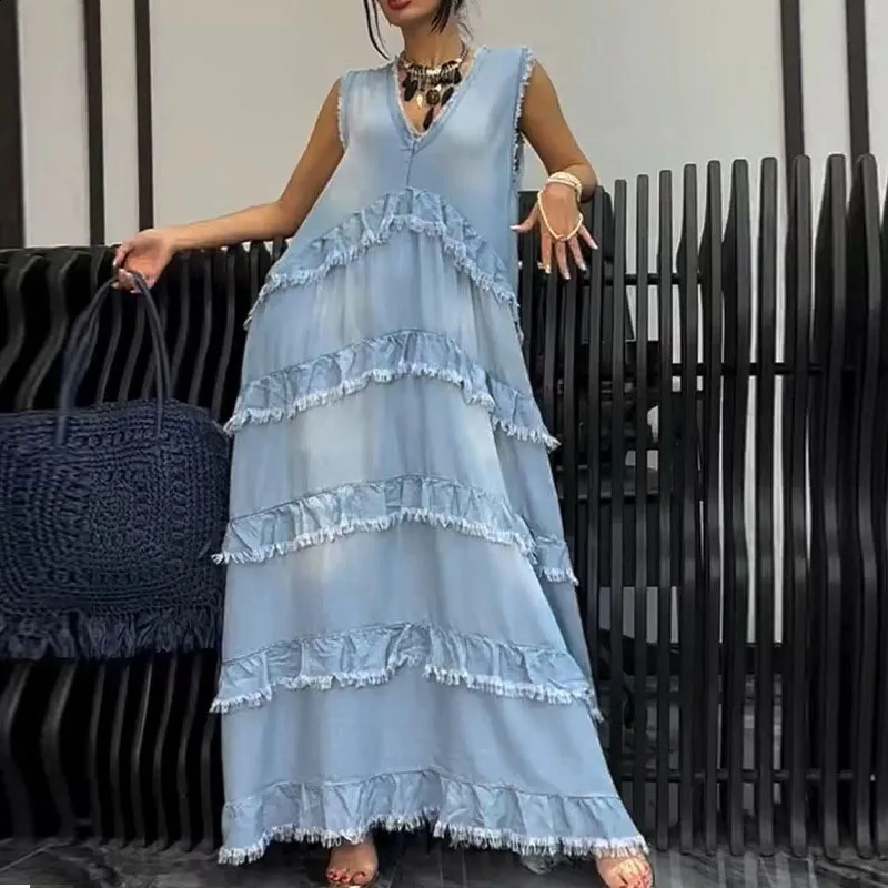 Summer Patchwork V-neck Denim Pullover Dress Elegant Women Layered Ruffle Party Dress Retro Sleeveless Jeans Long Dress 240810