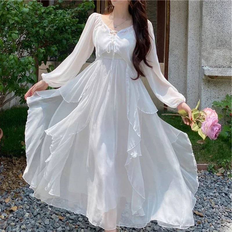 Summer Women Long Dress Suspender Ruffles Chiffon Fairy Dress White Apricot Korean Elegant Feminine Holiday Beach Party Dresses 240810