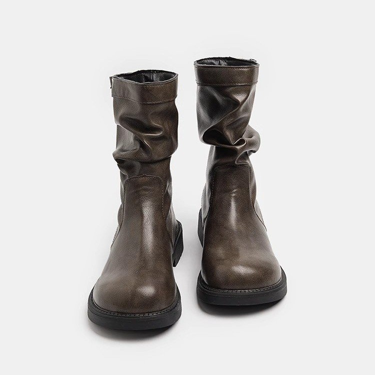 Korean Style Spring/Autumn Brown Round Toe Pleated Mid Calf Martin Boots.