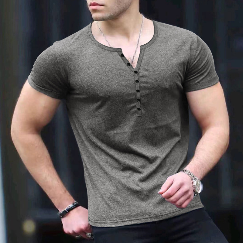24ss Mens Summer New Mens Henley Shirt Solid Color Button Mens Short Sleeve T-shirt