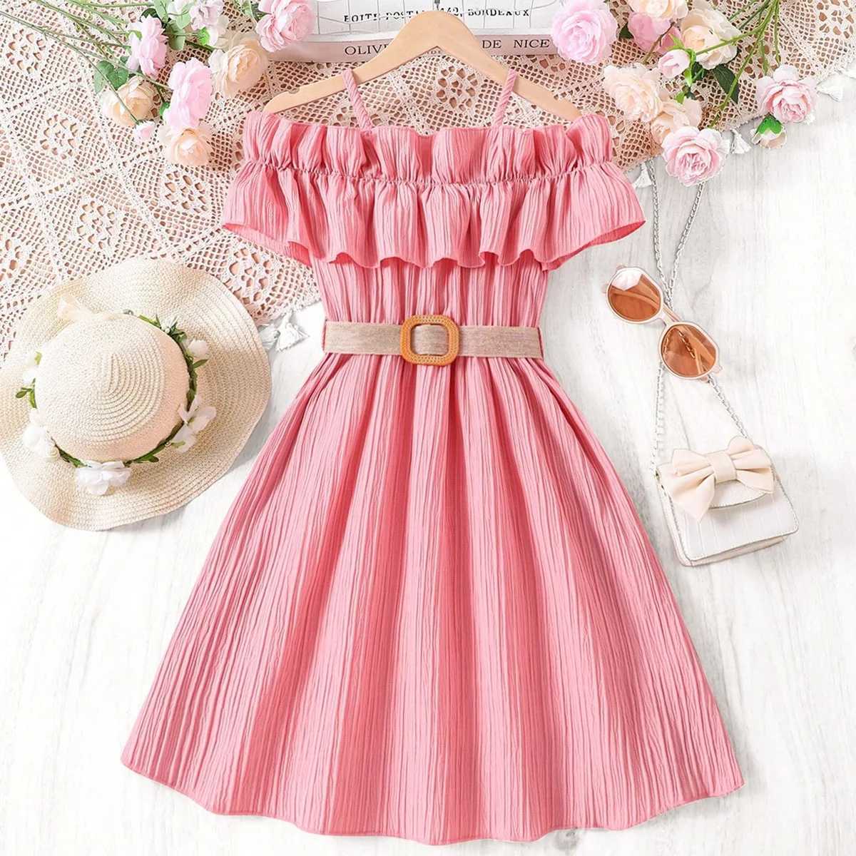 Girls casual dress single line shoulder strap patchwork lace dress childrens clothing girls aged 8 to 12 princess dress W250326