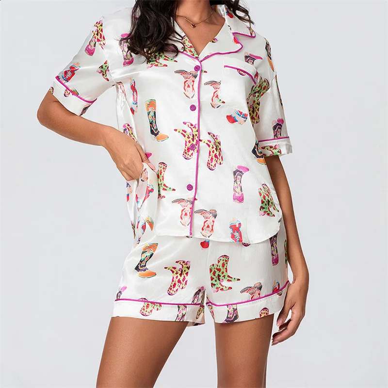Print Y2k Silk Pajamas for Women Satin Cozy 2 Piece Printed Preppy Pjs Shorts Set Matching Pj Aesthetic Pajamas Shirts Sets 240810