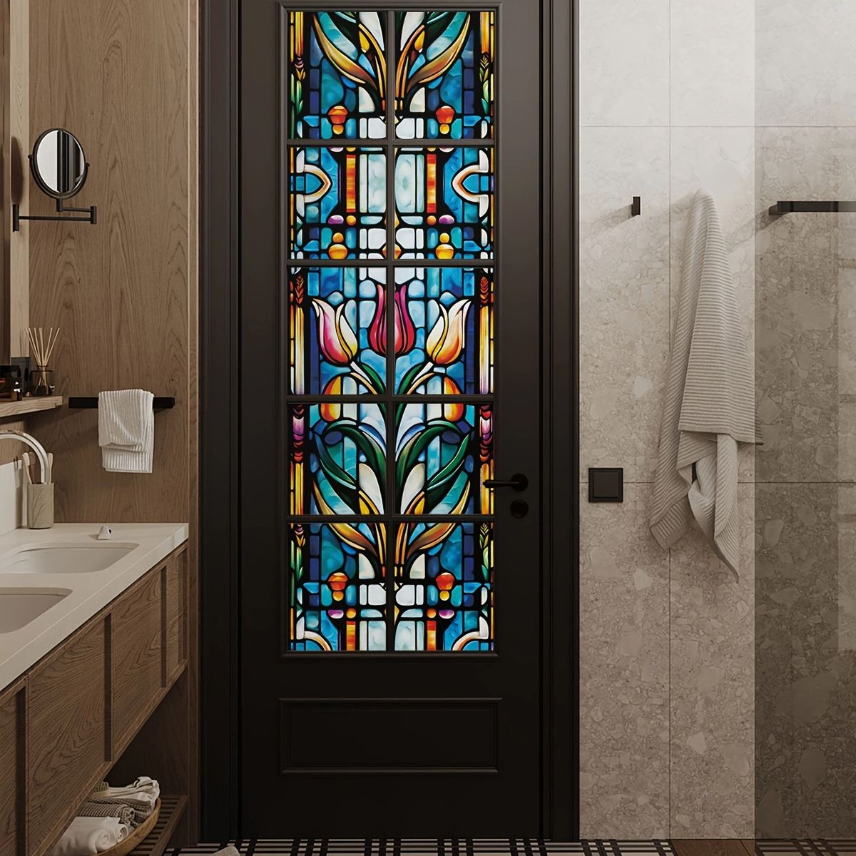 Retro frosted floral and green plant painted glass window style DIY home decoration suitable for home bathroom doors and windows