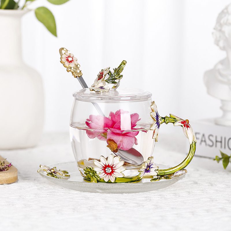 Chrysanthemum coffee cup Round enamel color water cup high temperature resistant crystal glass light luxury transparent tea cup