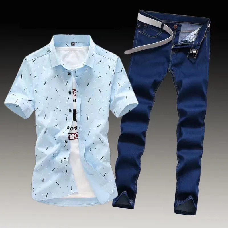 Mens full set of teenage trend casual suit mens slim fit short sleeved shirt mens jeans matching set240809