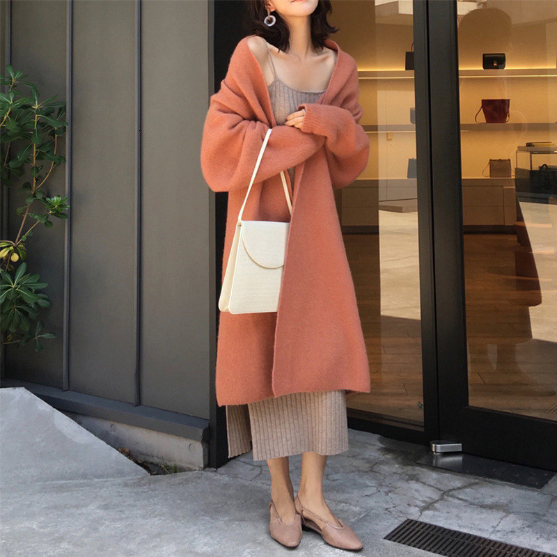 Fall/winter New Lazy Style Loose Casual Top Medium to Long Knitted Cardigan Womens Thick Sweater Coat